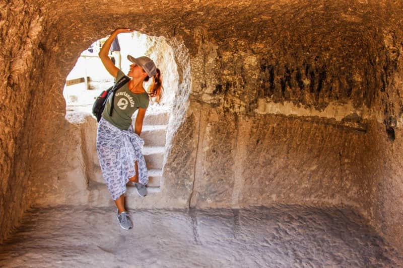 Evelin looking at Vardzia - overlander Evelin Overlandsite