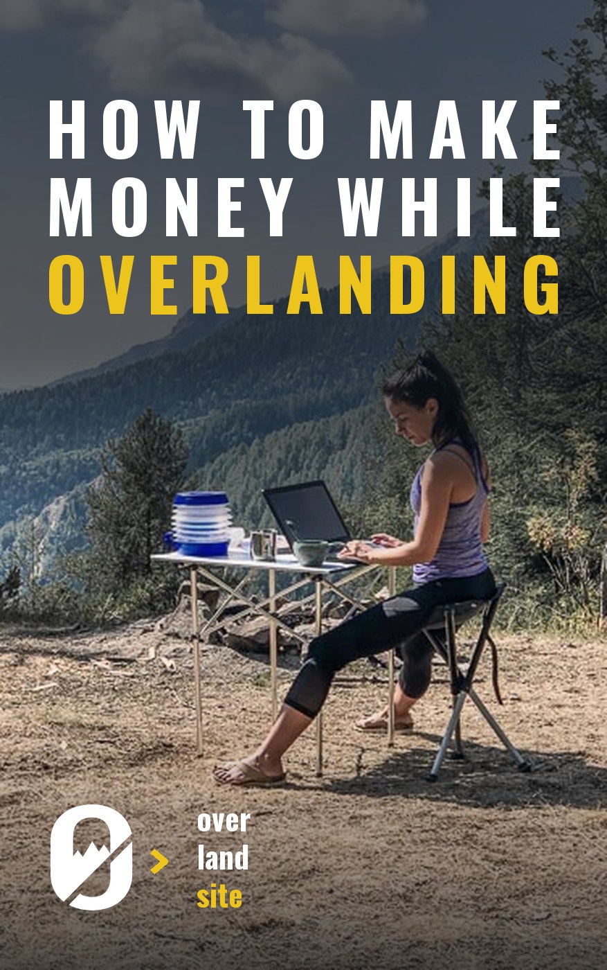 Cover of the make-money guide, showing someone working on a laptop at a camp table in the mountains