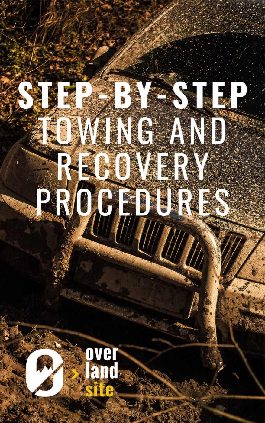 Cover of the towing and recovery guide, showing a mud-covered 4x4 bogged in a rut